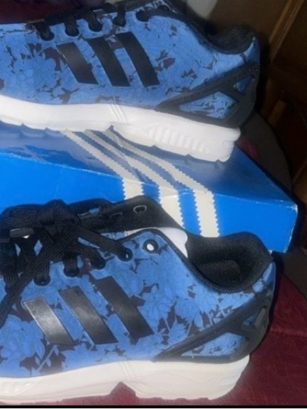 Adidas Blue Floral Pattern Athletic Sneakers with Black Stripes